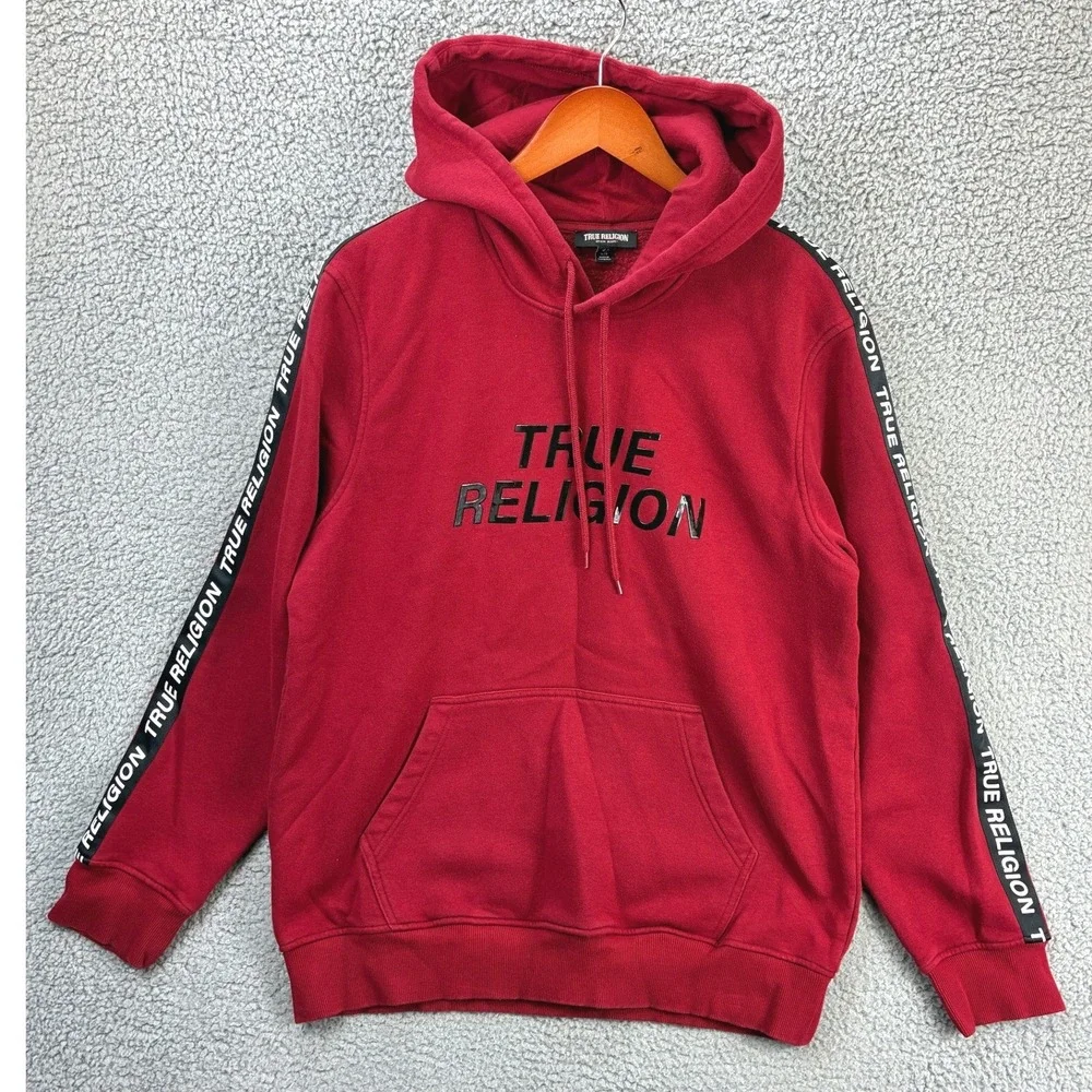 True Religion Silicone Tape Pullover Hoodie Sweatshirt Mens L Red Streetwear Y2K